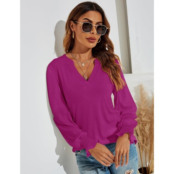 Romanstii Women's V-Neck Long Sleeve T-Shirt Style Top, Hot Pink, Small - Picture 2 of 12